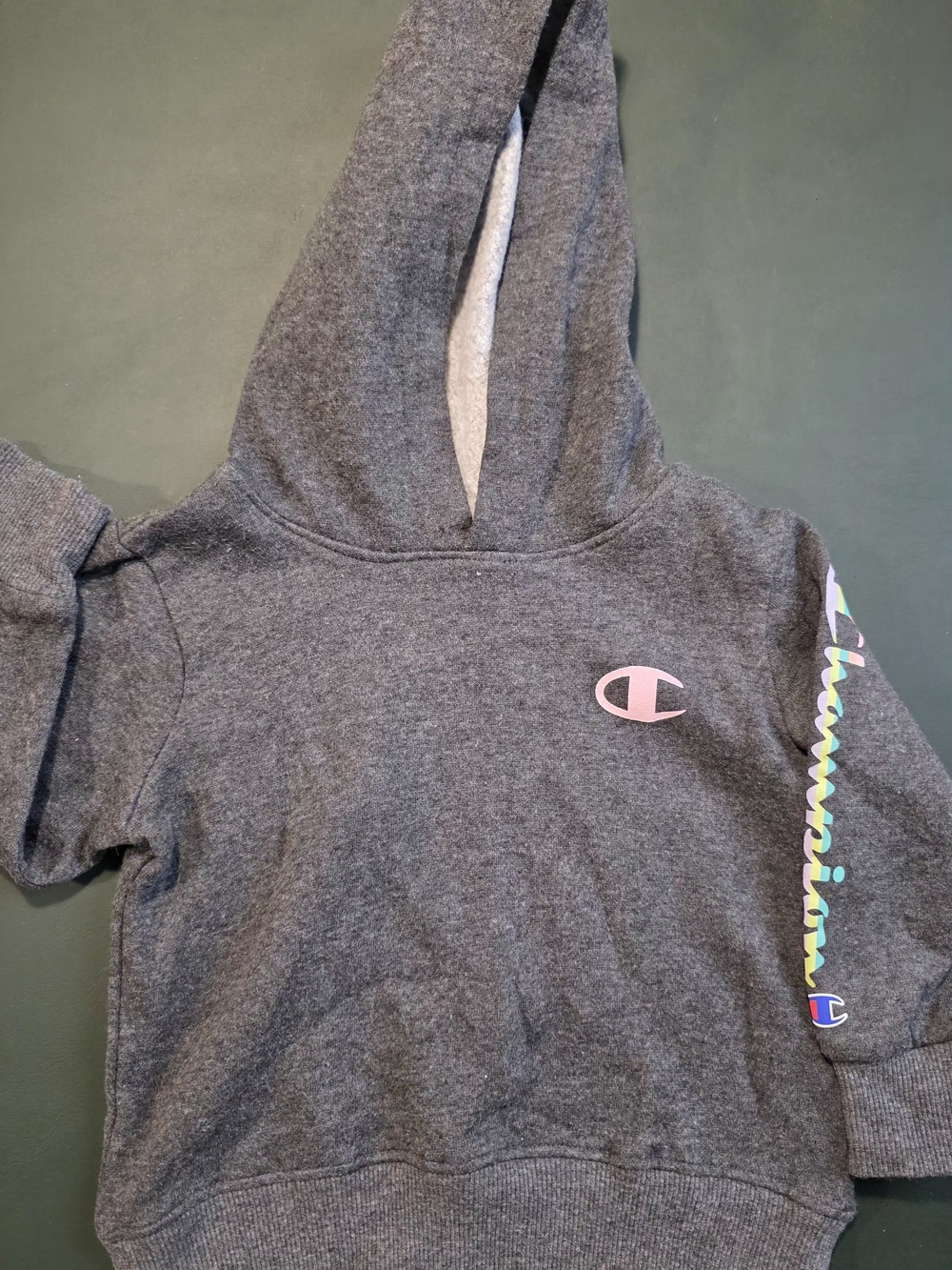 Champion Gray Hoodie with Pink Logo and Multicolor Sleeve Script